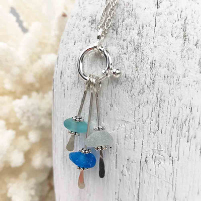 Turquoise and Aqua Sea Glass Sea Spray Sterling Silver Necklace 