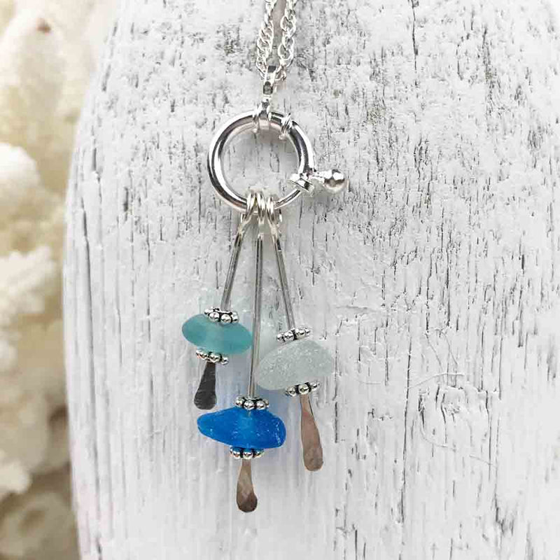Turquoise and Aqua Sea Glass Sea Spray Sterling Silver Necklace 