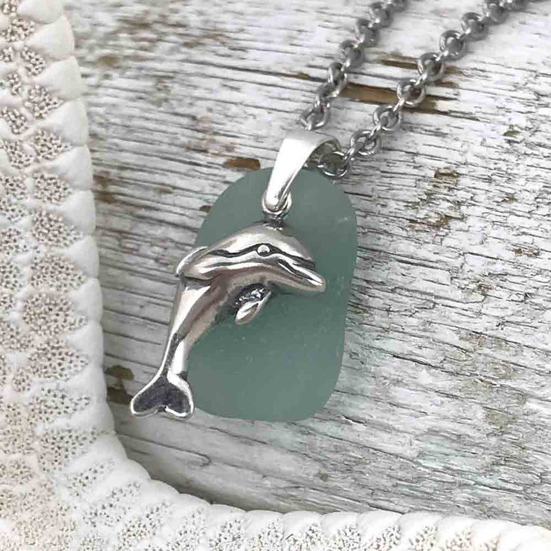 Thick Aqua Sea Glass Necklace with Sterling Silver Dolphin Charm