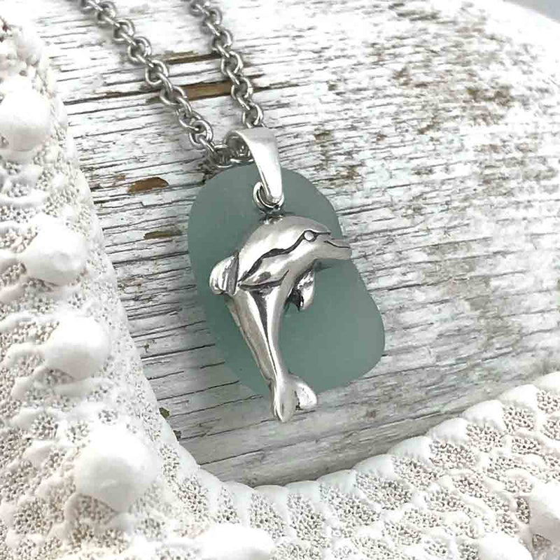 Thick Aqua Sea Glass Necklace with Sterling Silver Dolphin Charm