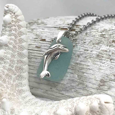 Seafoam Sea Glass Necklace with Sterling Silver Dolphin Charm