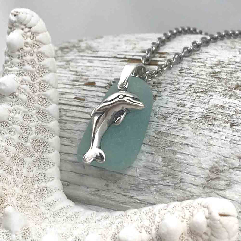 Seafoam Sea Glass Necklace with Sterling Silver Dolphin Charm