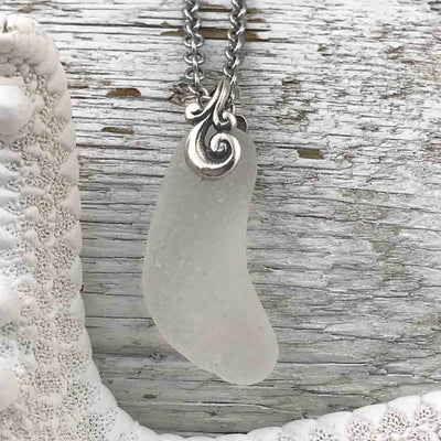 Crystal Clear Sea Glass with a Curve Ocean Waves Necklace