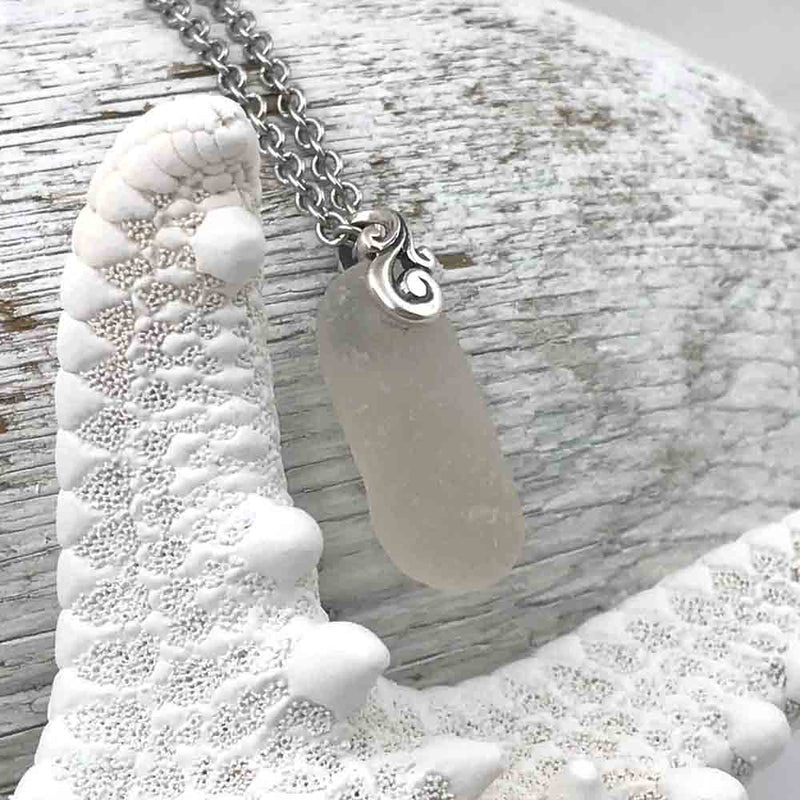 Thick Crystal Clear Sea Glass Taper Ocean Waves Necklace