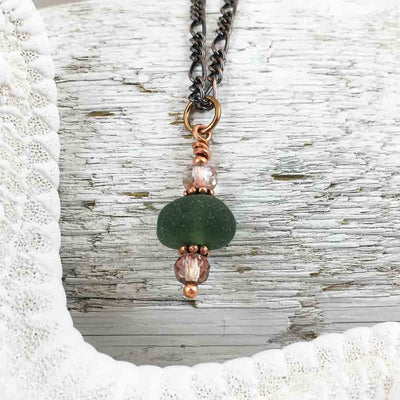 Deep Olive on Bronze Sea Glass Bubble Necklace