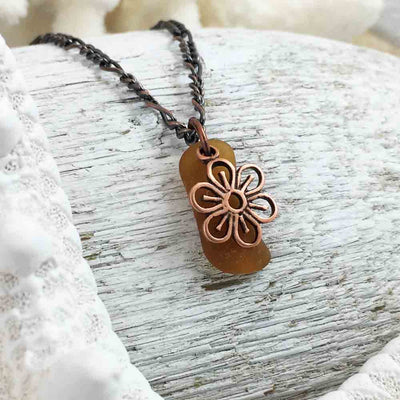 Tiny Bright Amber on Bronze Sea Glass Pendant with Flower Charm