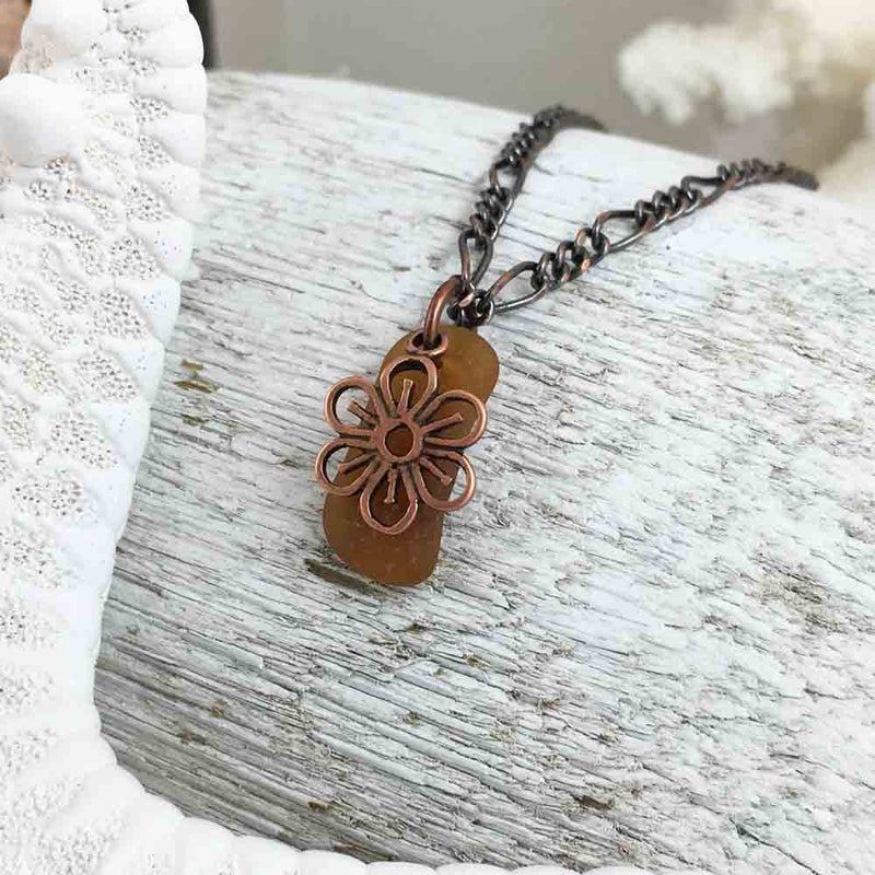 Tiny Bright Amber on Bronze Sea Glass Pendant with Flower Charm