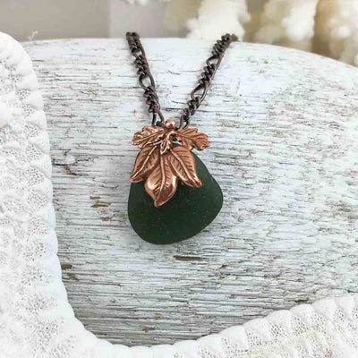Deep Olive on Bronze Sea Glass Pendant with Leaf Bail