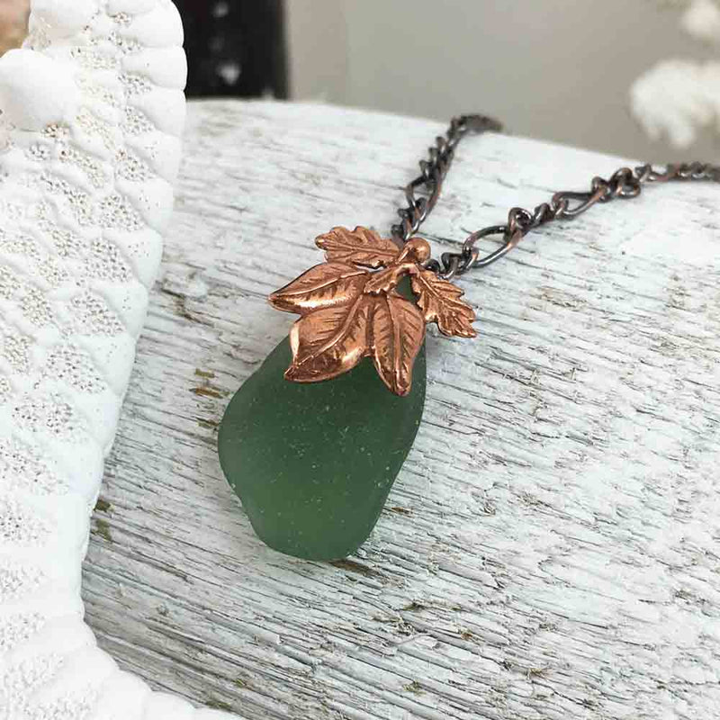 Bright Olive Green on Bronze Sea Glass Pendant with Leaf Bail