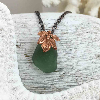 Bright Olive Green on Bronze Sea Glass Pendant with Leaf Bail