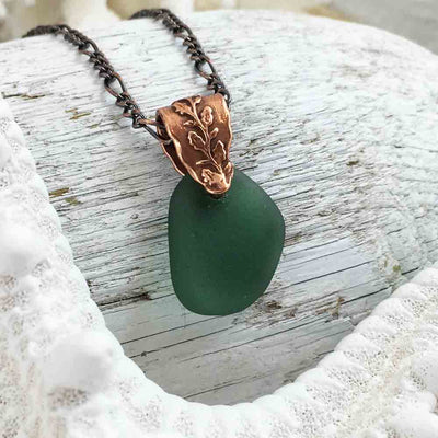 Tealy Olive Green on Bronze Sea Glass Pendant with Branch Bail