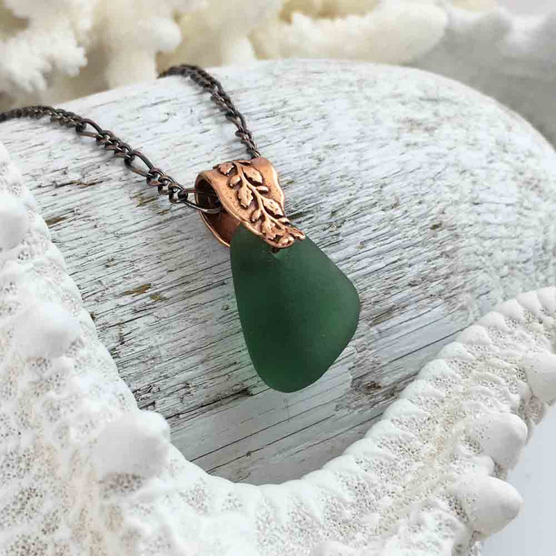 True Thick Olive Green on Bronze Sea Glass Pendant with Branch Bail