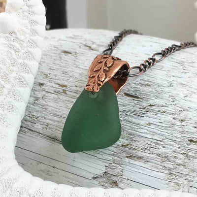 True Thick Olive Green on Bronze Sea Glass Pendant with Branch Bail