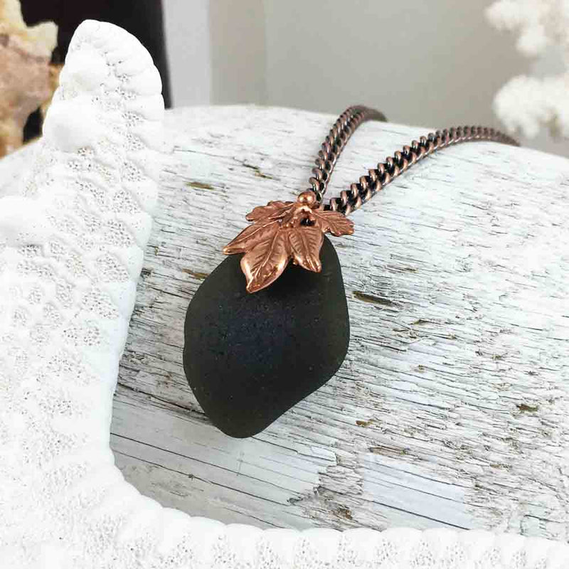 Super Thick Olive Green Black on Bronze Sea Glass Pendant with Leaf Bail