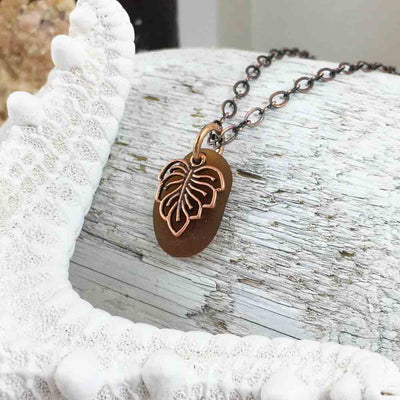 Amber Jelly Bean on Bronze Sea Glass Pendant with Leaf Charm