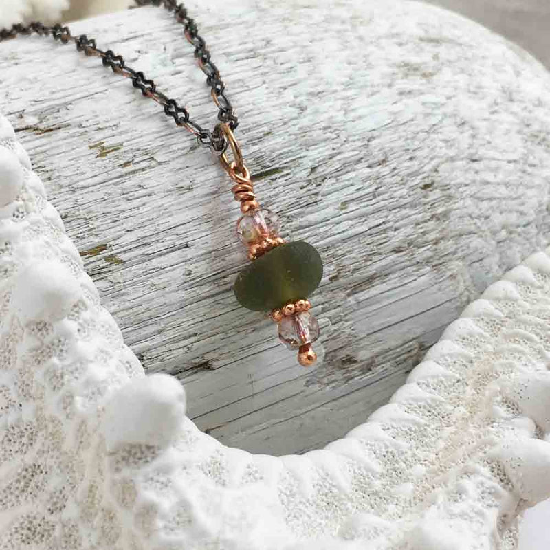 Olive Green Bubble on Bronze Sea Glass Pendant