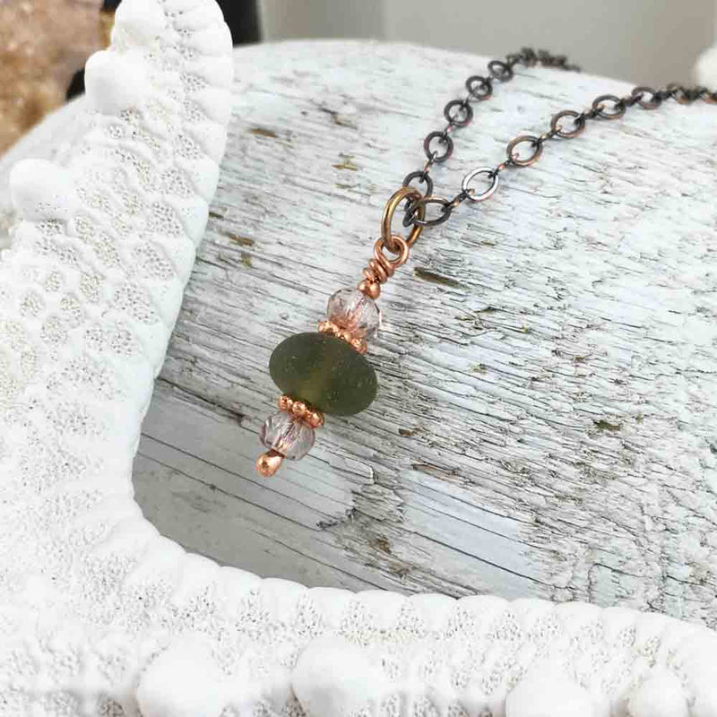 Olive Green Bubble on Bronze Sea Glass Pendant