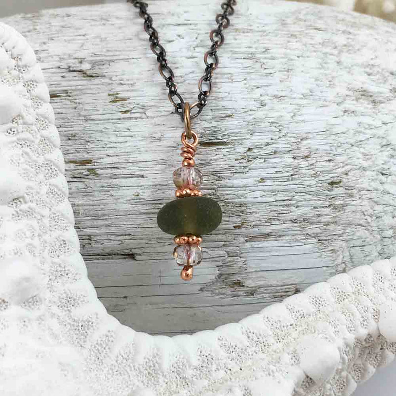 Olive Green Bubble on Bronze Sea Glass Pendant