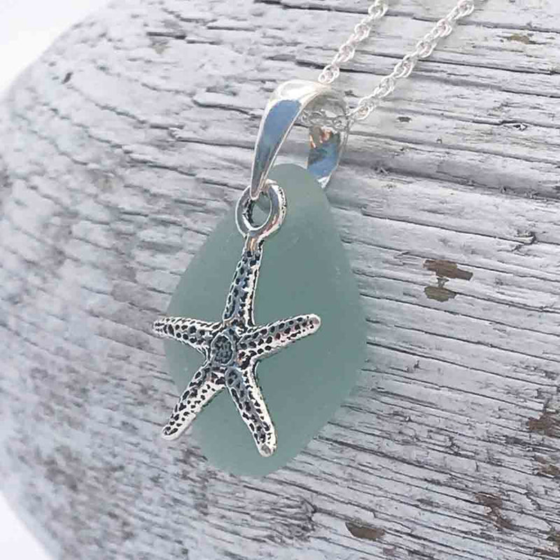 Ice Aqua Sea Glass Necklace with Sterling Silver Starfish Charm