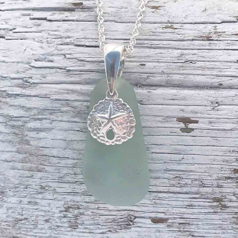 Droplet Shaped Seafoam Sea Glass Necklace with Sand Dollar Charm