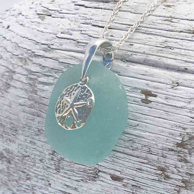 Large, Round Bottle Bottom Aqua Sea Glass Necklace with Sterling Silver Sand Dollar Charm