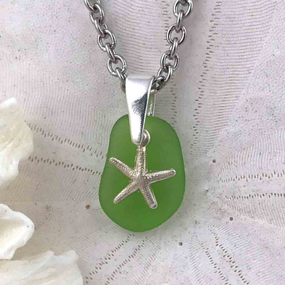 Small Lime Green Sea Glass Pendant with a Starfish Charm