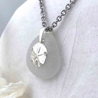 Large Round Clear White Sea Glass Pendant with a Sand Dollar Charm