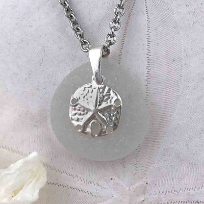 Large Round Clear White Sea Glass Pendant with a Sand Dollar Charm