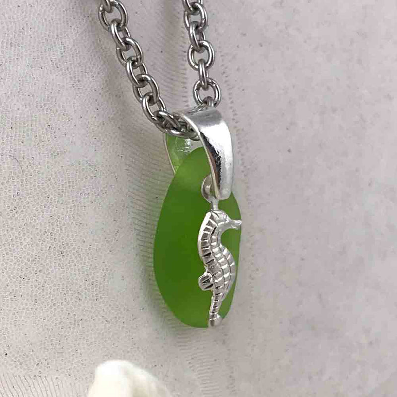 Tiny Lime Green Taper Sea Glass Pendant with a Sea Horse Charm
