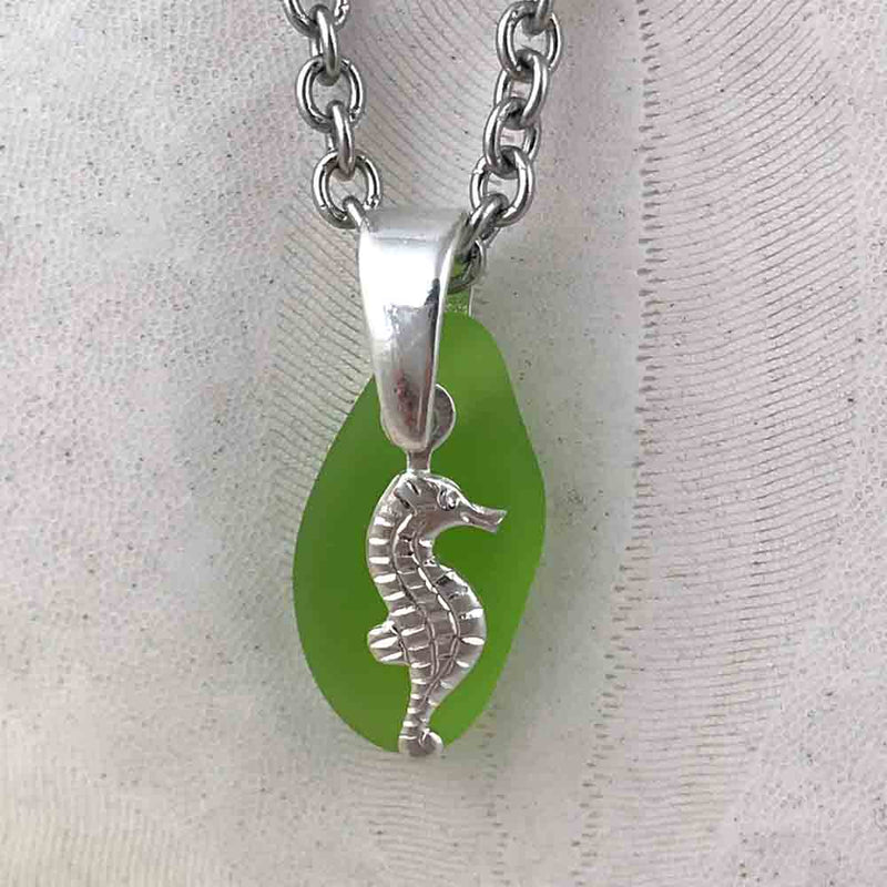Tiny Lime Green Taper Sea Glass Pendant with a Sea Horse Charm