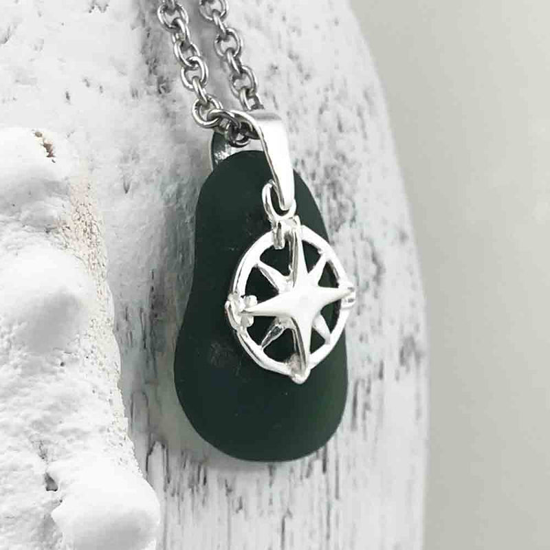 Deep Gray Sea Glass Necklace with Sterling Silver Compass Charm