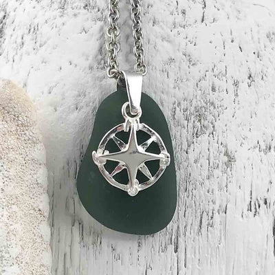Deep Gray Sea Glass Necklace with Sterling Silver Compass Charm