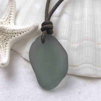 Smoke Gray Sea Glass Leather Necklace with Genuine Pearls
