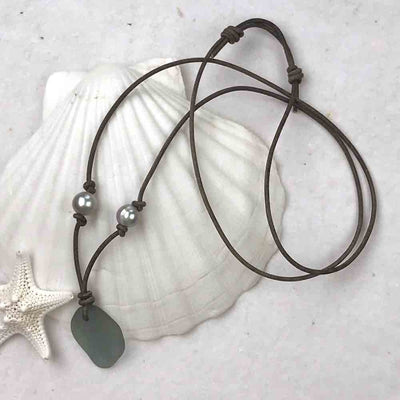 Smoke Gray Sea Glass Leather Necklace with Genuine Pearls
