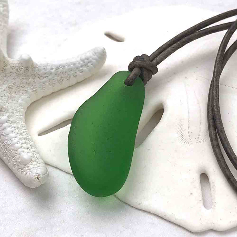 Thick Bright Green Domed Bottle Bottom Sea Glass Leather Surfside Necklace