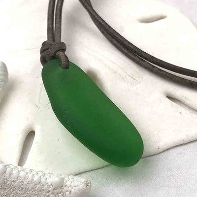 Thick Bright Green Domed Bottle Bottom Sea Glass Leather Surfside Necklace