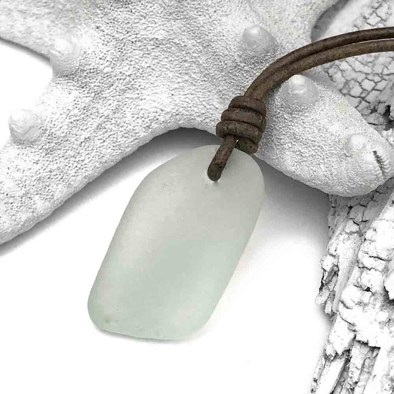 Large Slab Shaped Soft Blue Sea Glass Leather Necklace