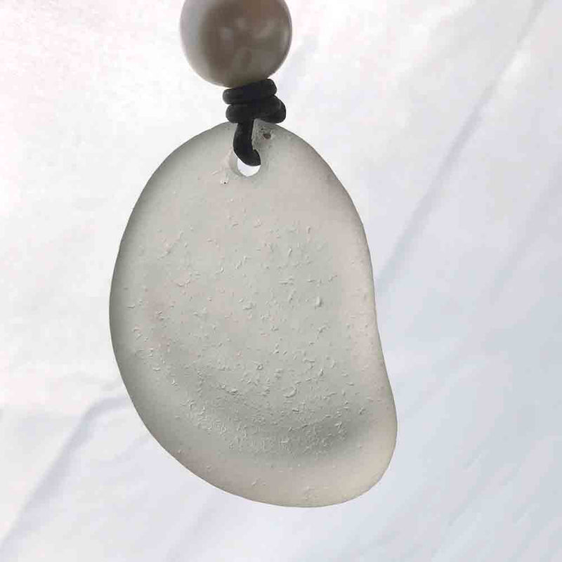 Epic Clear White Bottle Bottom Sea Glass Leather Necklace with Genuine Pearl 