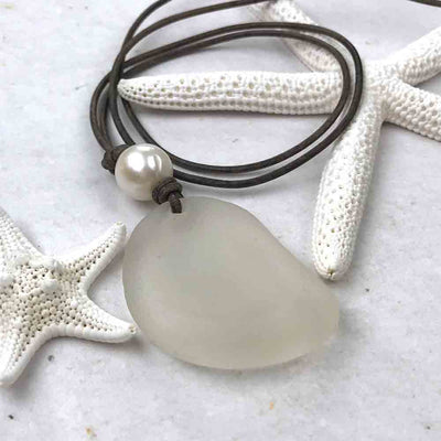 Epic Clear White Bottle Bottom Sea Glass Leather Necklace with Genuine Pearl 