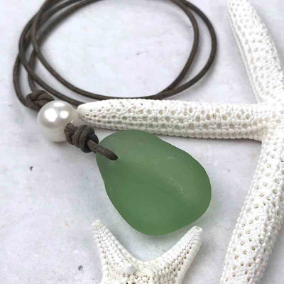 Huge Seafoam Bottle Bottom Sea Glass Leather Necklace with Genuine Pearl