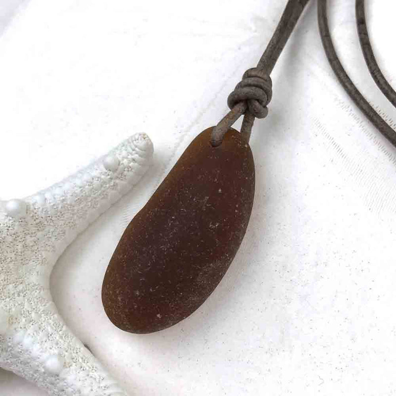 Tapered Bright Amber Sea Glass Leather Necklace  - it&