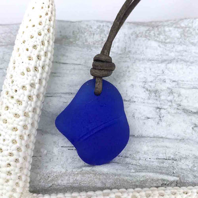 Cobalt Blue Sea Glass Thick Bottle Top Leather Surfside Necklace