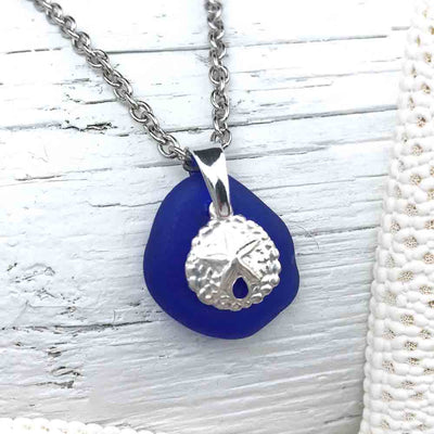 Cobalt Blue Sea Glass Necklace with Sterling Sand Dollar Charm