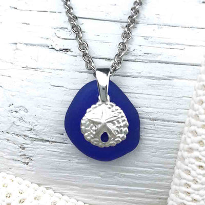 Cobalt Blue Sea Glass Necklace with Sterling Sand Dollar Charm