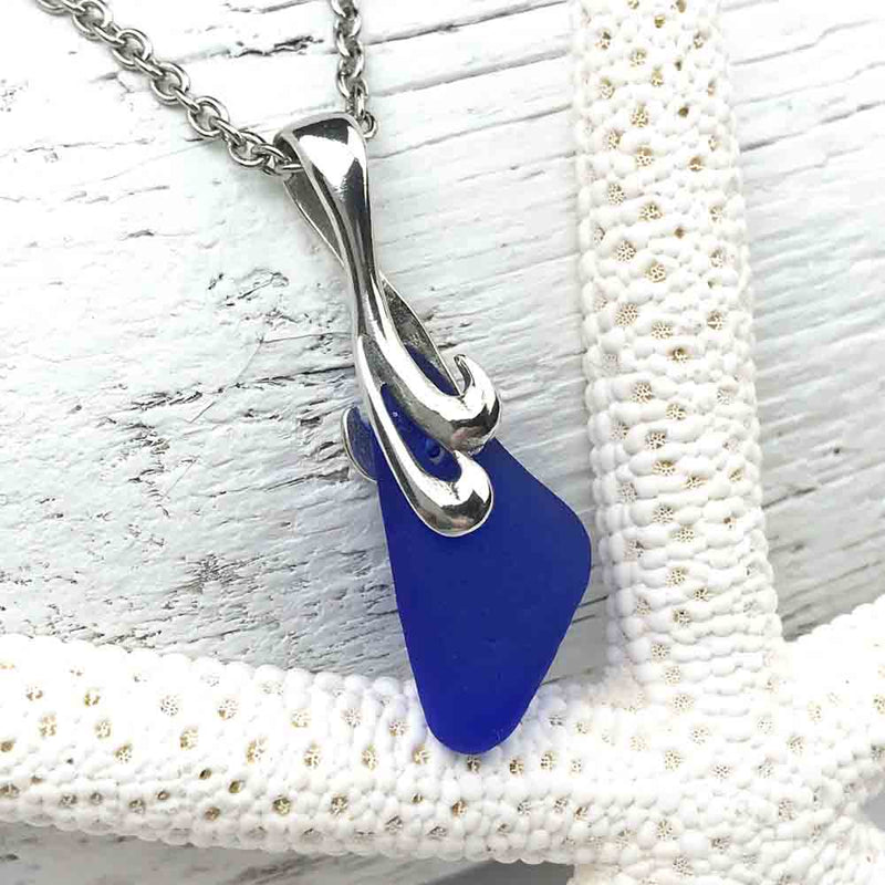 Cobalt Blue Sea Glass Necklace with Sea Swirl Bail