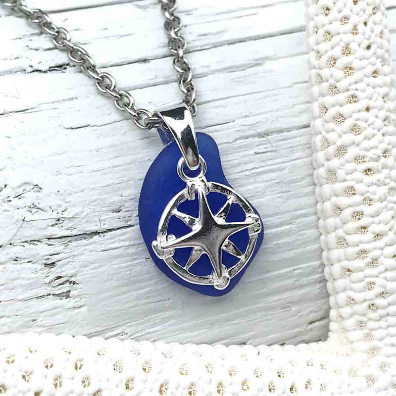 Cobalt Blue Sea Glass Necklace with Sterling Compass Charm
