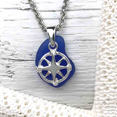 Cobalt Blue Sea Glass Necklace with Sterling Compass Charm