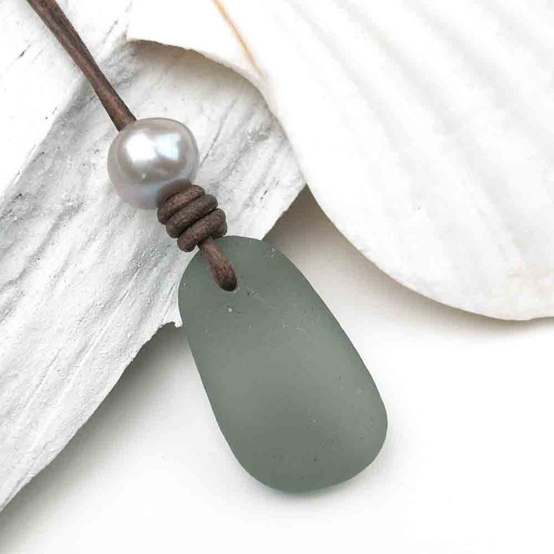 Smoke Gray Sea Glass Leather Necklace with Genuine Pearl