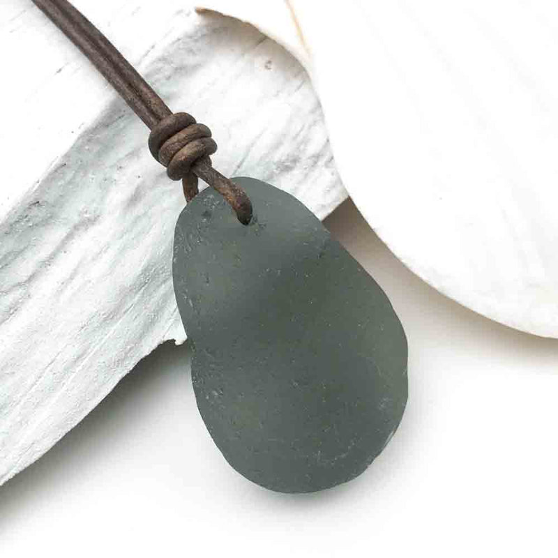 Deep Gray Sea Glass Leather Necklace