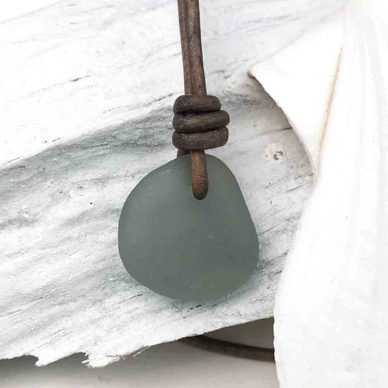 Droplet of Deep Gray Sea Glass Leather Necklace